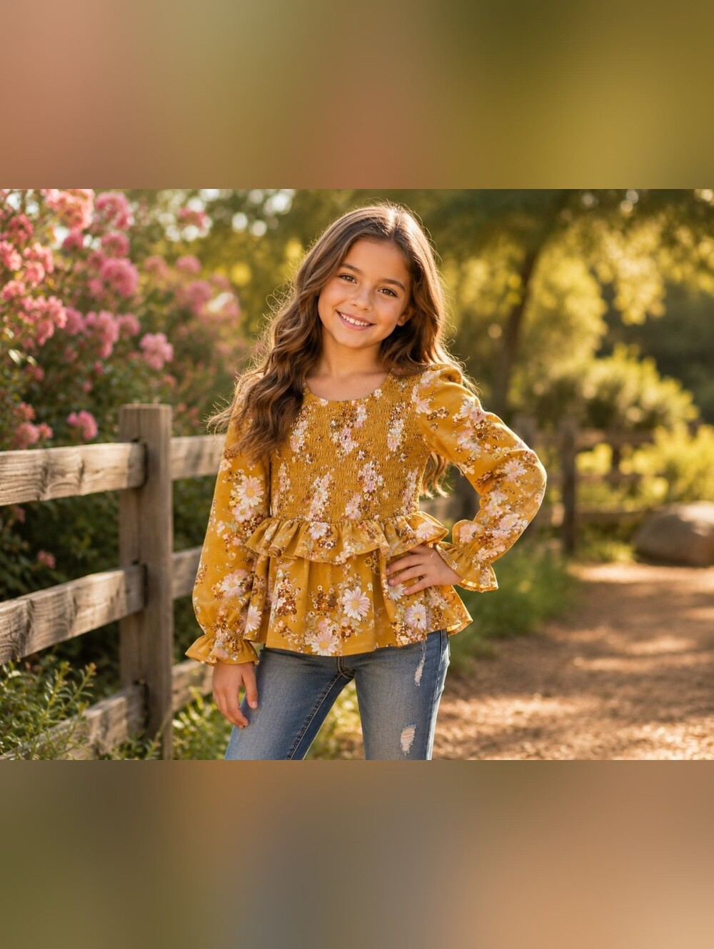 Girls Mustard Floral Smocked Peplum Top Size 7/8 Long Sleeve Boho Cottagecore